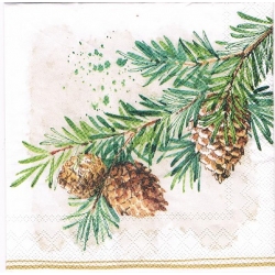 Serwetka   -3213-   MINI 25x25 cm , wzór 4 krotny  gałązka , szyszki